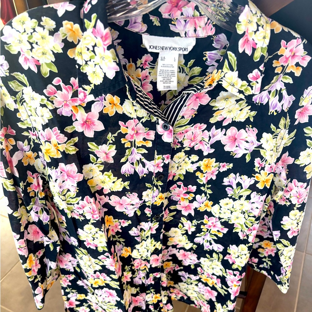 Jones New York Floral Button Down Shirt - Black, Pink, Yellow